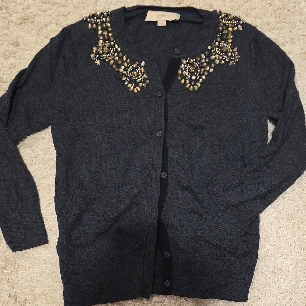 LOFT Charcoal Cardigan with Beaded Neckline